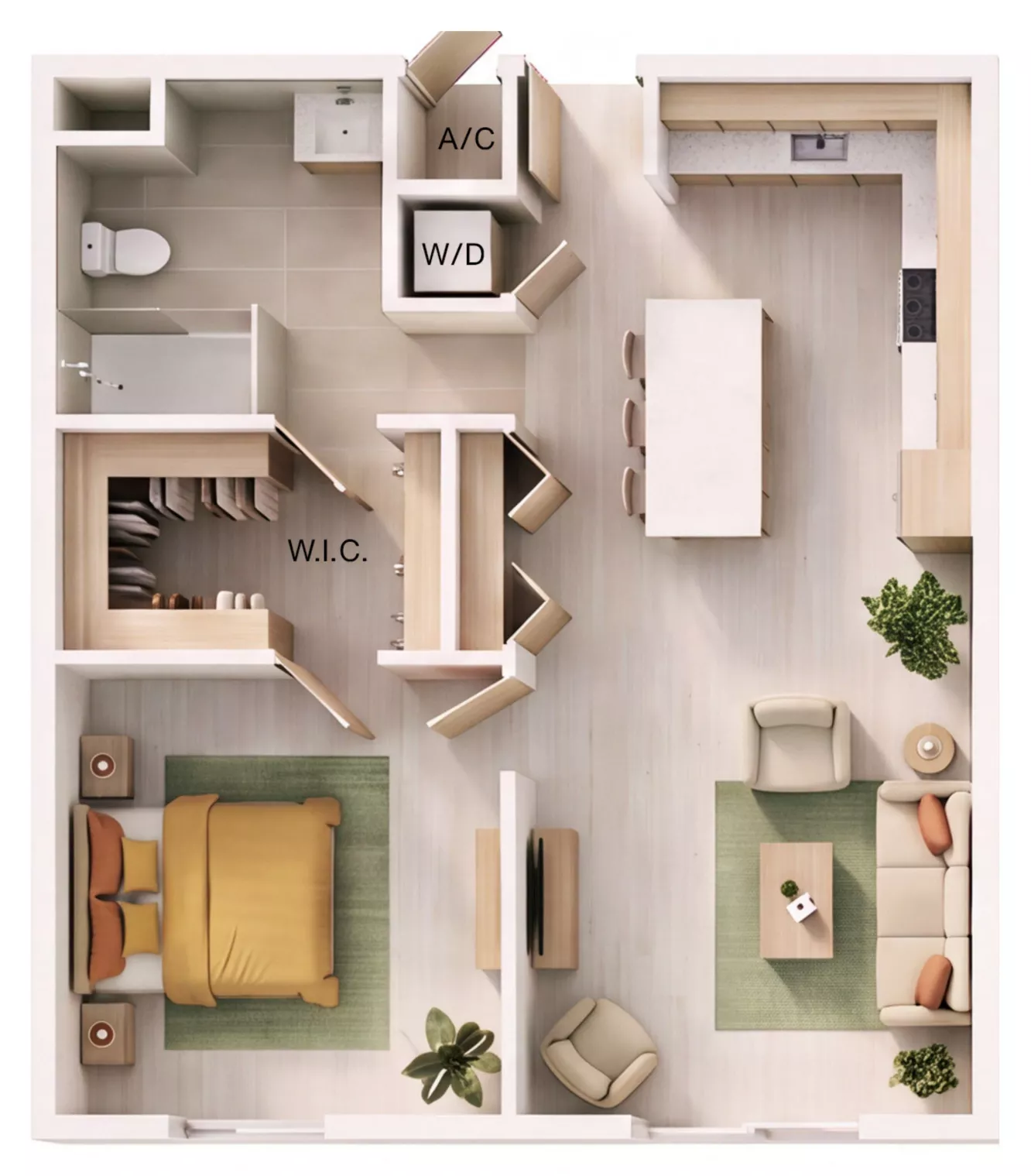 1-bedroom Homestead Commons 3D interior floor plan rendering